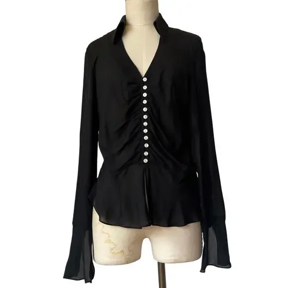 2000's Y2K top size 10 Anne Klein black sheer button up silk whimsigoth witchy - Picture 5 of 8